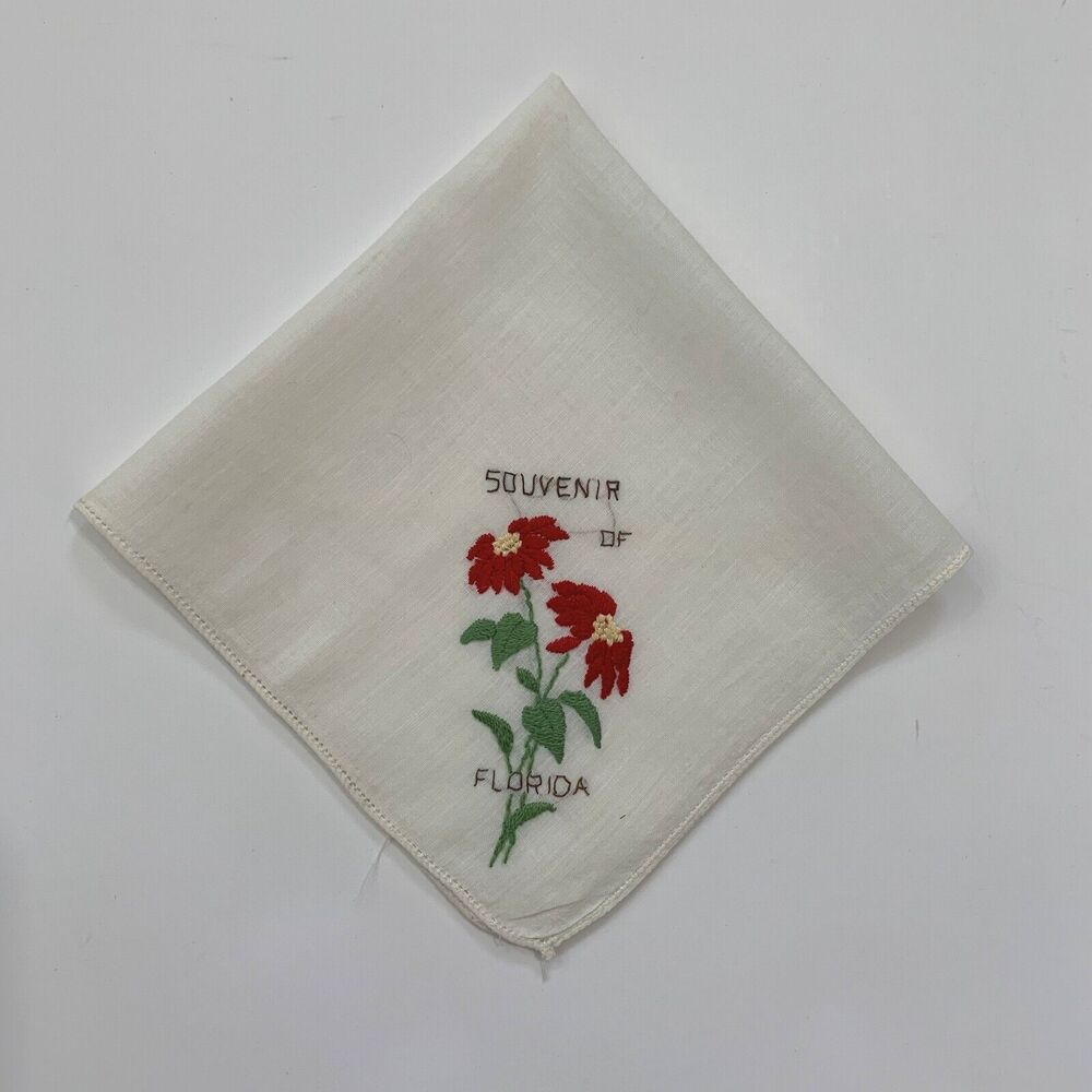 Vgt Florida Souvenir Christmas Handkerchief Embroidered 50s Holiday Cottage Core